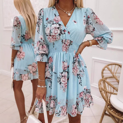 📢📢60 % DE RÉDUCTION !!!⏰Robe trapèze à col en V et ourlet à volants, imprimé floral, pour femme
