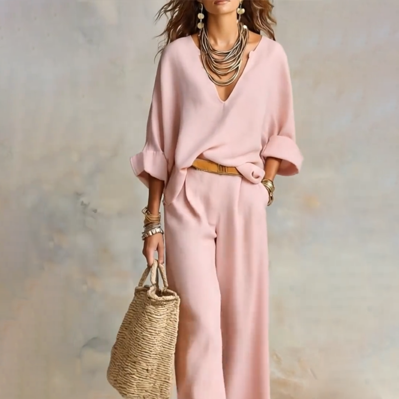 ✨🔥👒 PROMO FLASH -50% ! Ensemble 2 Pièces Femme – Haut Col V & Pantalon Large, Tissu Polyester/Élasthanne, 2 Couleurs, S-5XL, Style Chic