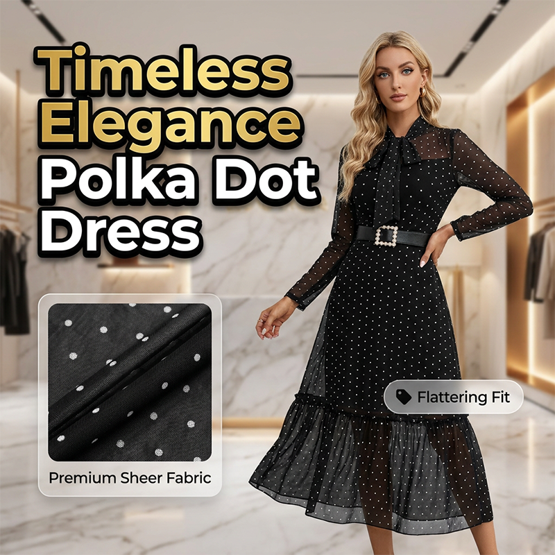 🎀✨ PROMO FLASH 55% ! Robe Mi-Longue Élégante à Pois et Col Lacet – Coupe A, Manches Transparentes, Style Intemporel pour Occasions Chic 👗