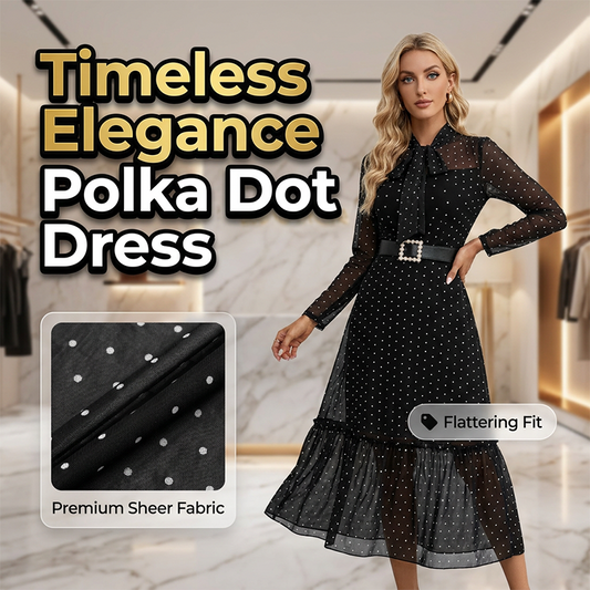 🎀✨ PROMO FLASH 55% ! Robe Mi-Longue Élégante à Pois et Col Lacet – Coupe A, Manches Transparentes, Style Intemporel pour Occasions Chic 👗