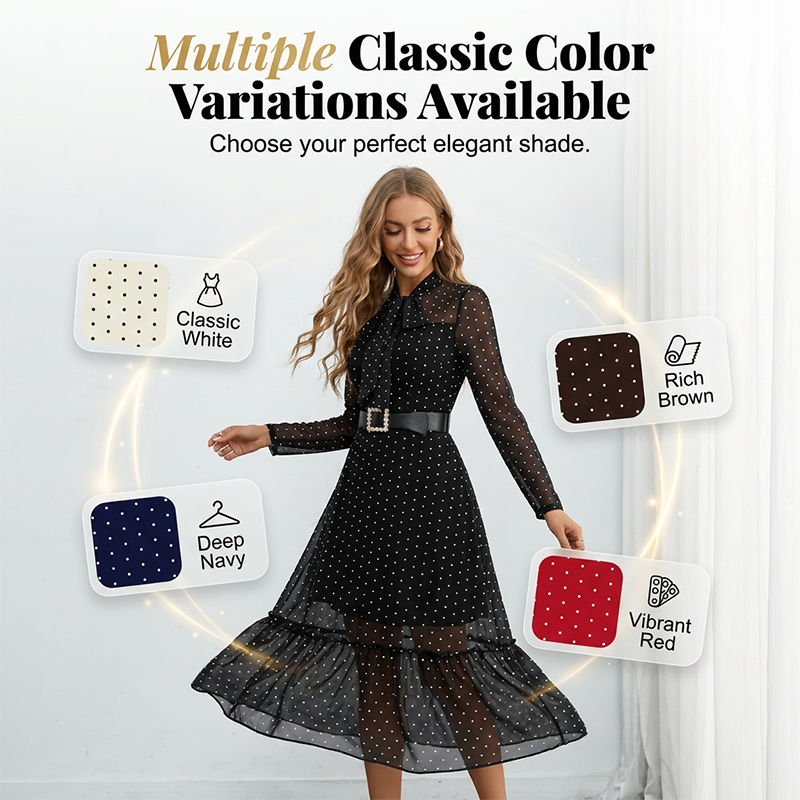 🎀✨ PROMO FLASH 55% ! Robe Mi-Longue Élégante à Pois et Col Lacet – Coupe A, Manches Transparentes, Style Intemporel pour Occasions Chic 👗