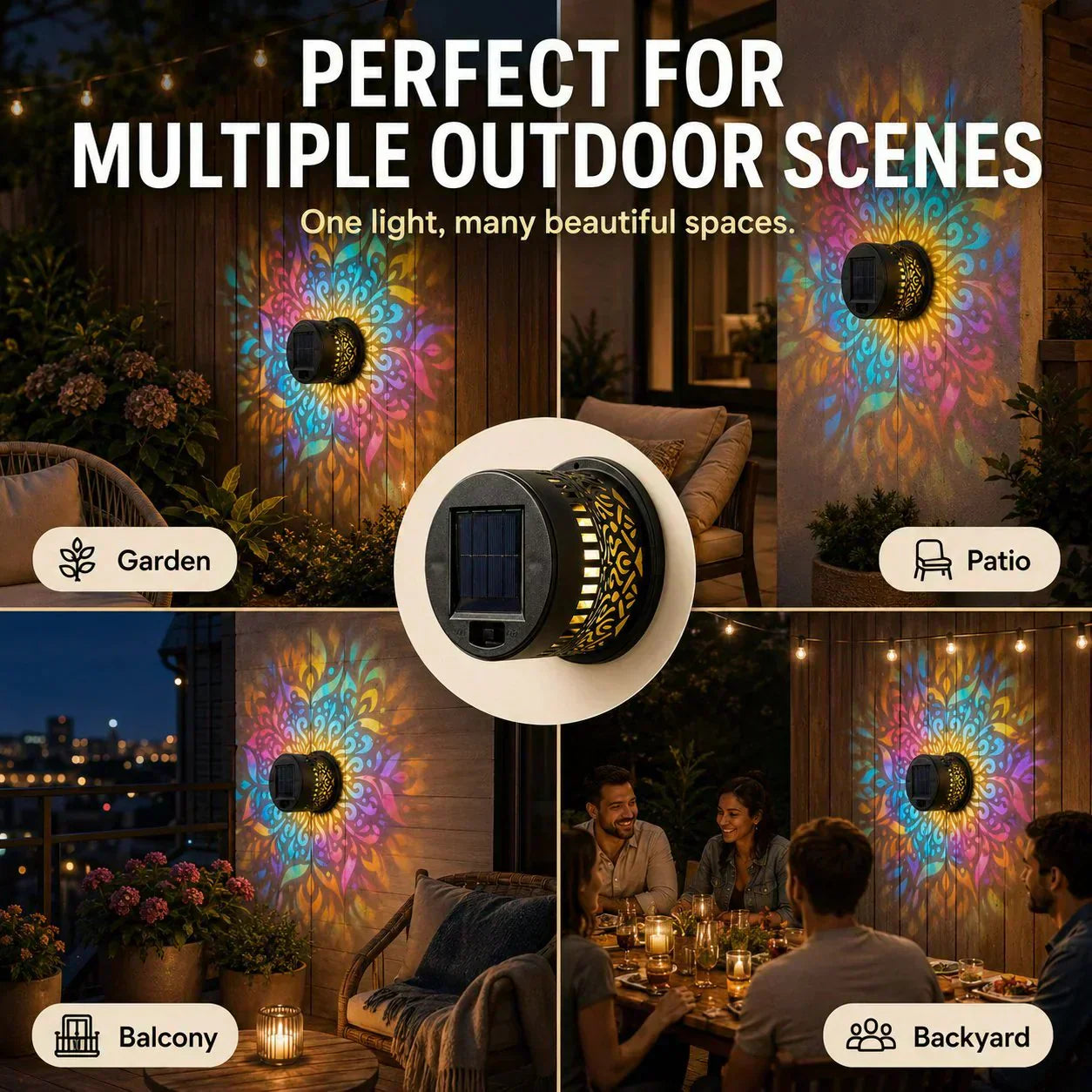 🌞 55 % DE RÉDUCTION MAINTENANT ! 🌀 Lampe solaire mandala – Projection de motifs époustouflants, design 2 en 1 pour sol et mur, étanche IP65, allumage/extinction automatique 🌿