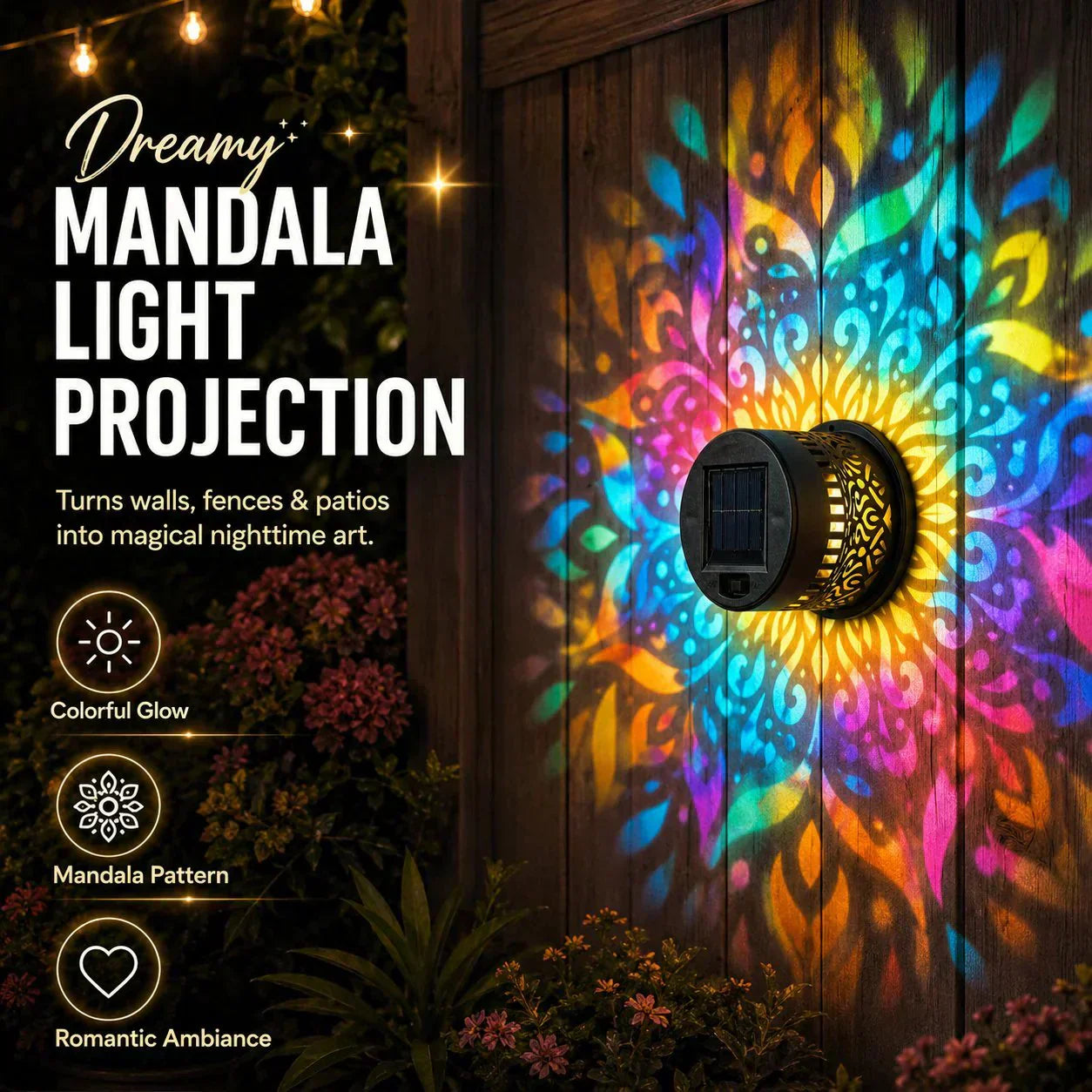 🌞 55 % DE RÉDUCTION MAINTENANT ! 🌀 Lampe solaire mandala – Projection de motifs époustouflants, design 2 en 1 pour sol et mur, étanche IP65, allumage/extinction automatique 🌿