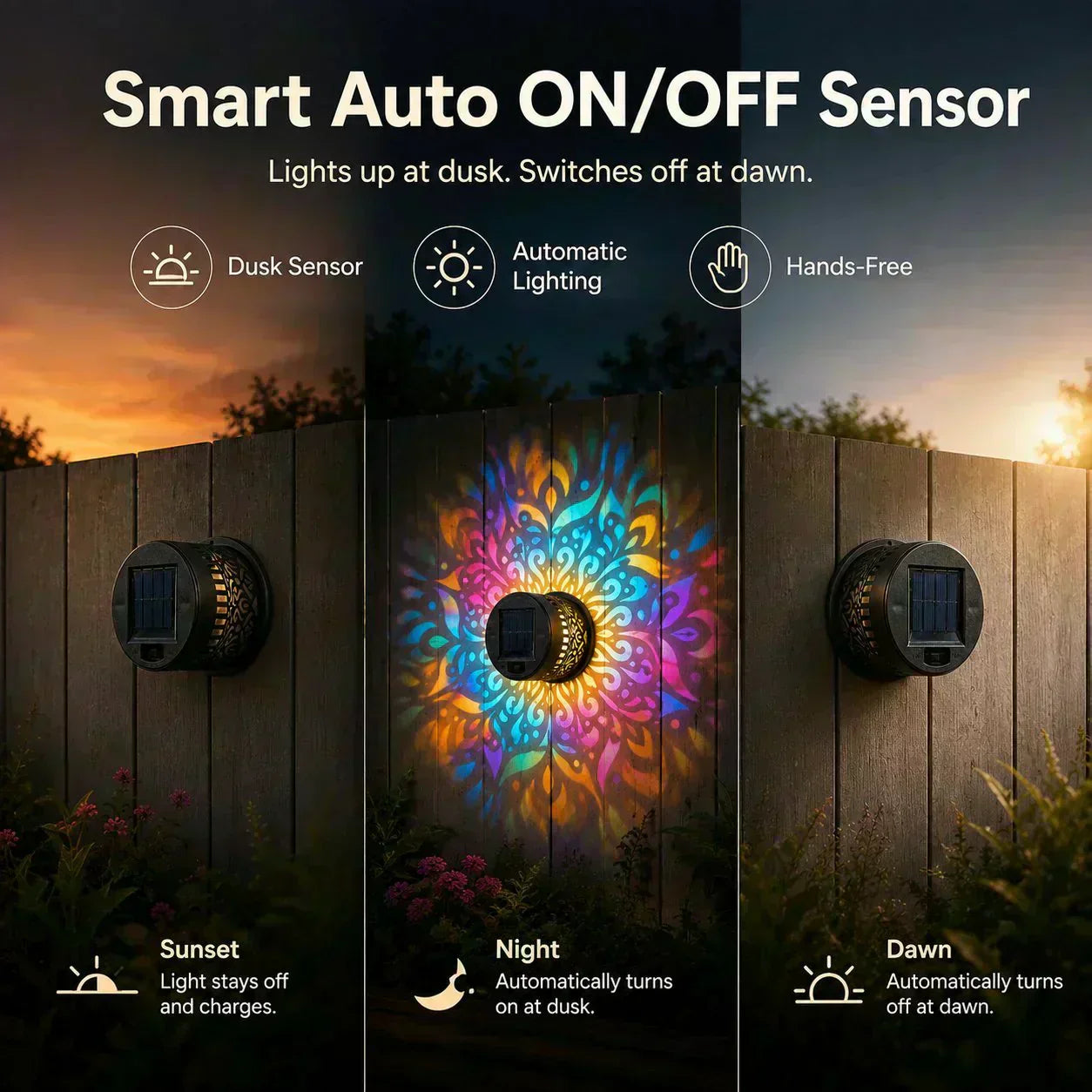 🌞 55 % DE RÉDUCTION MAINTENANT ! 🌀 Lampe solaire mandala – Projection de motifs époustouflants, design 2 en 1 pour sol et mur, étanche IP65, allumage/extinction automatique 🌿