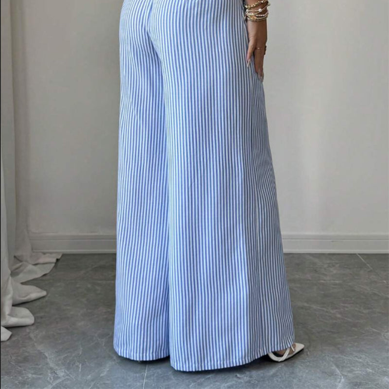 👖✨ PROMO LIMITÉE 50% DE RÉDUCTION ! Pantalon Taille Haute à Jambes Larges – Rayures Verticales Bleu & Blanc, Coupe Élégante, Bouts Décoratifs, Parfait pour Occasions Décontractées & Chic 🍃
