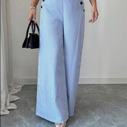 👖✨ PROMO LIMITÉE 50% DE RÉDUCTION ! Pantalon Taille Haute à Jambes Larges – Rayures Verticales Bleu & Blanc, Coupe Élégante, Bouts Décoratifs, Parfait pour Occasions Décontractées & Chic 🍃