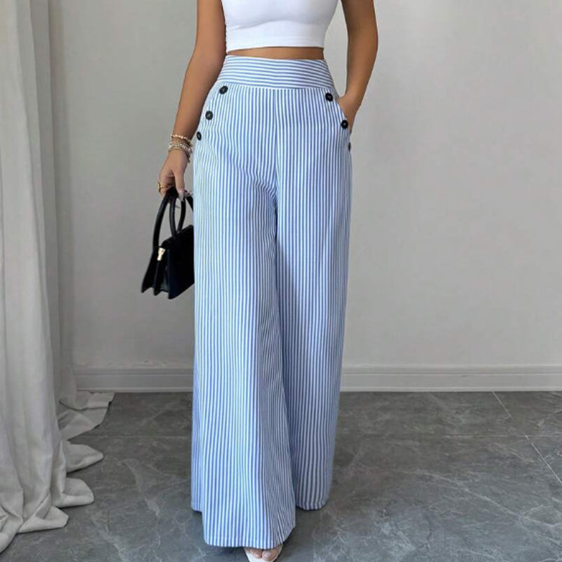 👖✨ PROMO LIMITÉE 50% DE RÉDUCTION ! Pantalon Taille Haute à Jambes Larges – Rayures Verticales Bleu & Blanc, Coupe Élégante, Bouts Décoratifs, Parfait pour Occasions Décontractées & Chic 🍃