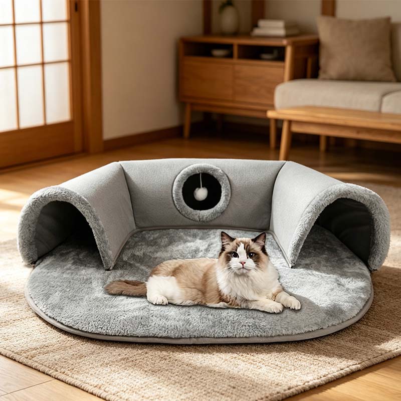 🐱 PROMOTION LIMITÉE -56% ! ✨ Lit tunnel pour chat 2-en-1 – Peluche, pliable, compact 🎾