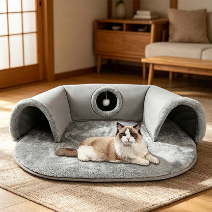 🐱 PROMOTION LIMITÉE -56% ! ✨ Lit tunnel pour chat 2-en-1 – Peluche, pliable, compact 🎾