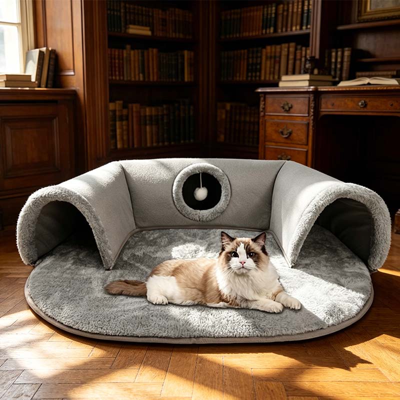 🐱 PROMOTION LIMITÉE -56% ! ✨ Lit tunnel pour chat 2-en-1 – Peluche, pliable, compact 🎾