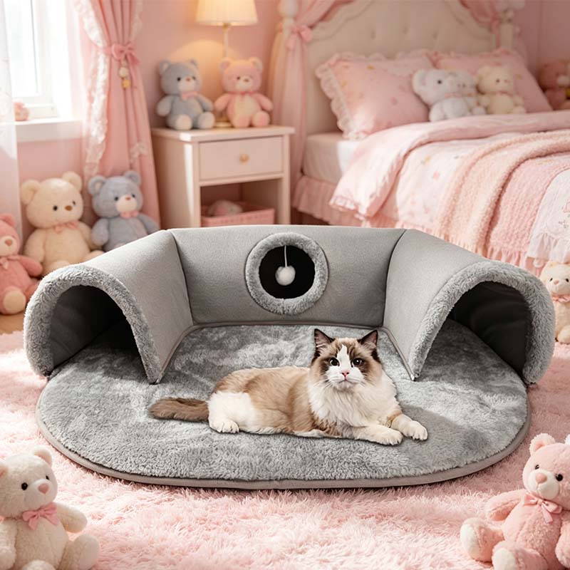 🐱 PROMOTION LIMITÉE -56% ! ✨ Lit tunnel pour chat 2-en-1 – Peluche, pliable, compact 🎾