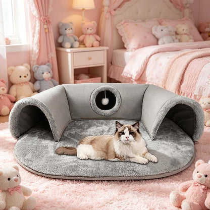 🐱 PROMOTION LIMITÉE -56% ! ✨ Lit tunnel pour chat 2-en-1 – Peluche, pliable, compact 🎾