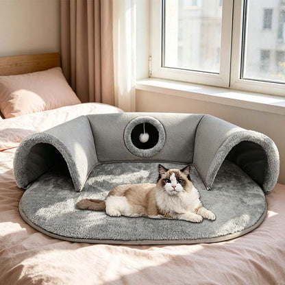 🐱 PROMOTION LIMITÉE -56% ! ✨ Lit tunnel pour chat 2-en-1 – Peluche, pliable, compact 🎾