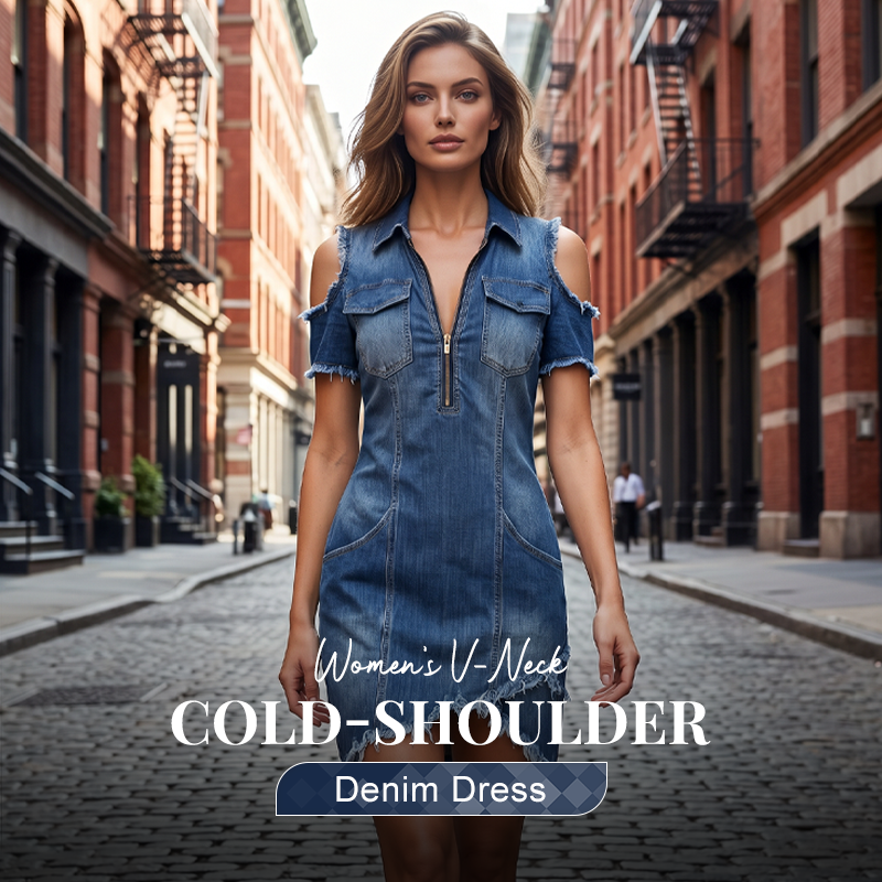 ✨Robe en jean femme à encolure en V et épaules dénudées