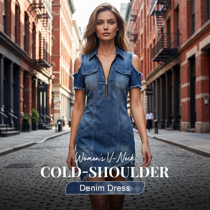 ✨Robe en jean femme à encolure en V et épaules dénudées