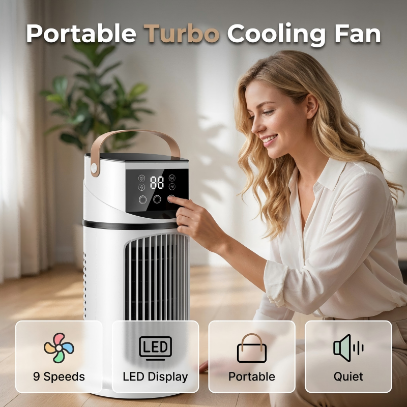 📢 -50% MAINTENANT !  Ventilateur Turbo Portable ⚡ 9 Vitesses 🌬️ Silencieux & Léger 💧 USB 🔌 Blanc