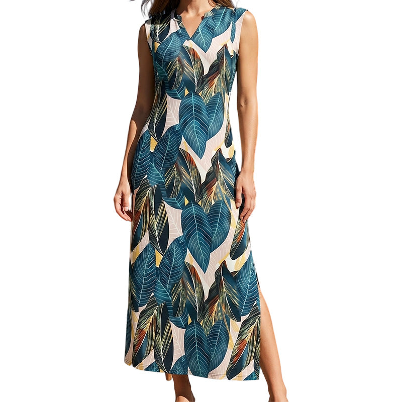 👗Vente Flash -50% Dernier Jour👗 Robe Maxi Sans Manches Col V avec Fente Latérale pour Femme