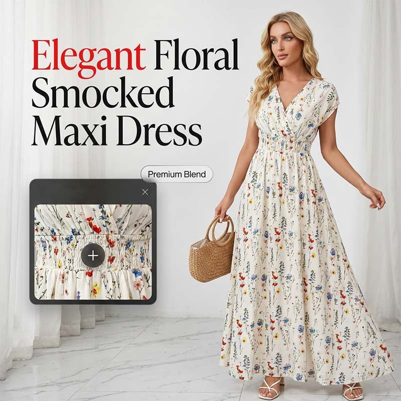 👗Robe Longue Fleurie à Col V et Taille Smockée pour Femme✨