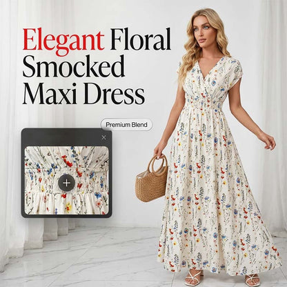 👗Robe Longue Fleurie à Col V et Taille Smockée pour Femme✨