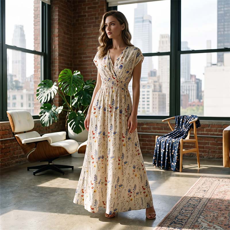 👗Robe Longue Fleurie à Col V et Taille Smockée pour Femme✨