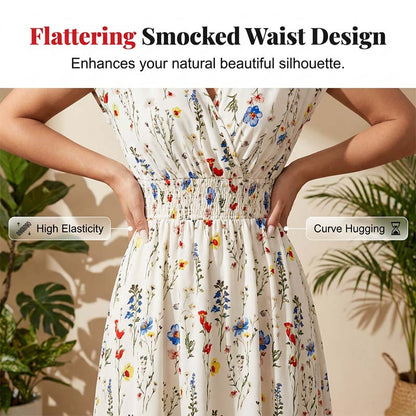 👗Robe Longue Fleurie à Col V et Taille Smockée pour Femme✨