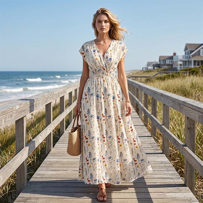 👗Robe Longue Fleurie à Col V et Taille Smockée pour Femme✨