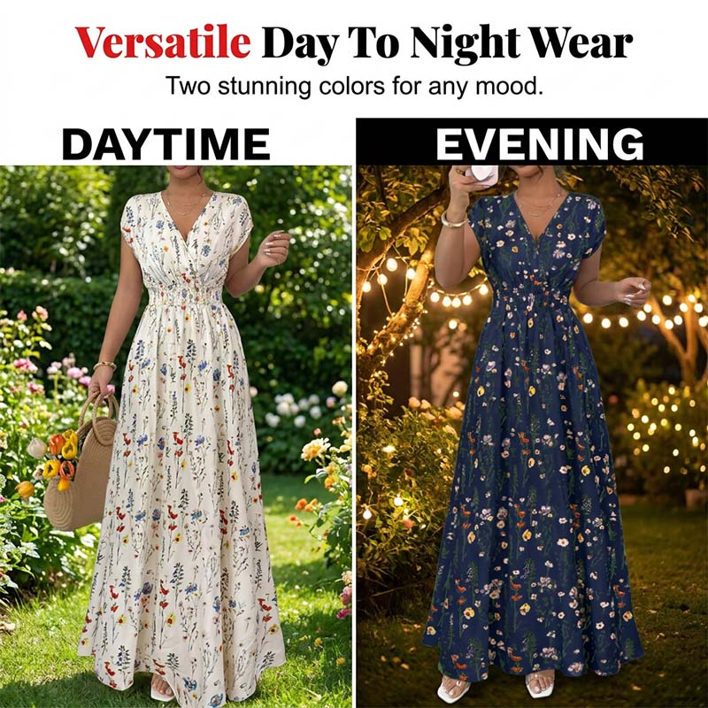👗Robe Longue Fleurie à Col V et Taille Smockée pour Femme✨