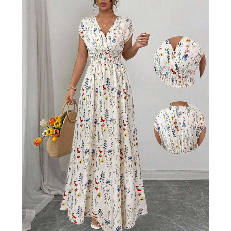 👗Robe Longue Fleurie à Col V et Taille Smockée pour Femme✨