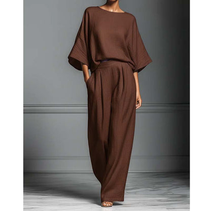 🌿 Ensemble Lin Français Style Provence – Top Manches Évasées & Pantalon Large, Élégance Naturelle pour l’Été