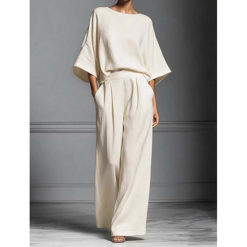🌿 Ensemble Lin Français Style Provence – Top Manches Évasées & Pantalon Large, Élégance Naturelle pour l’Été