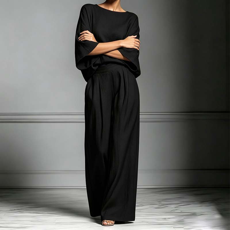 🌿 Ensemble Lin Français Style Provence – Top Manches Évasées & Pantalon Large, Élégance Naturelle pour l’Été