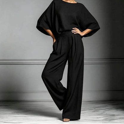 🌿 Ensemble Lin Français Style Provence – Top Manches Évasées & Pantalon Large, Élégance Naturelle pour l’Été