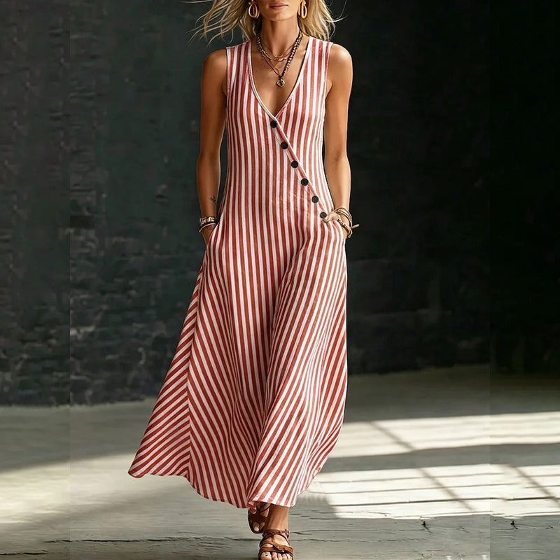 👗 PROMO 55% DE RÉDUCTION LIMITÉE ! ✨ Robe longue sans manches à rayures : col V, coupe trapèze et poches latérales 🌊