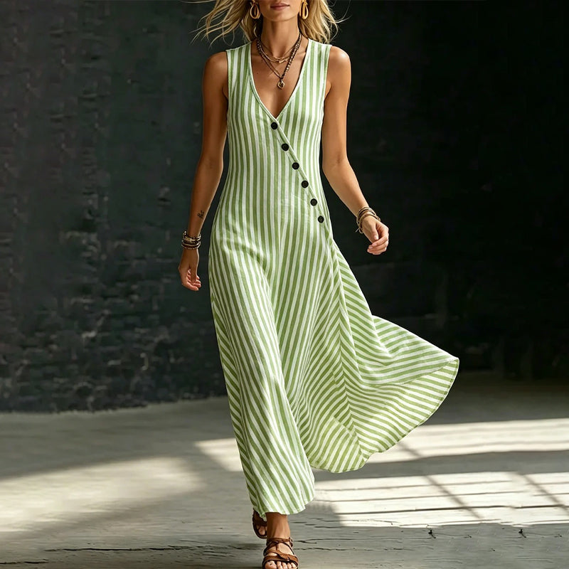 👗 PROMO 55% DE RÉDUCTION LIMITÉE ! ✨ Robe longue sans manches à rayures : col V, coupe trapèze et poches latérales 🌊
