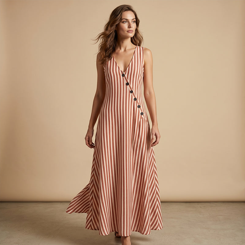 👗 PROMO 55% DE RÉDUCTION LIMITÉE ! ✨ Robe longue sans manches à rayures : col V, coupe trapèze et poches latérales 🌊