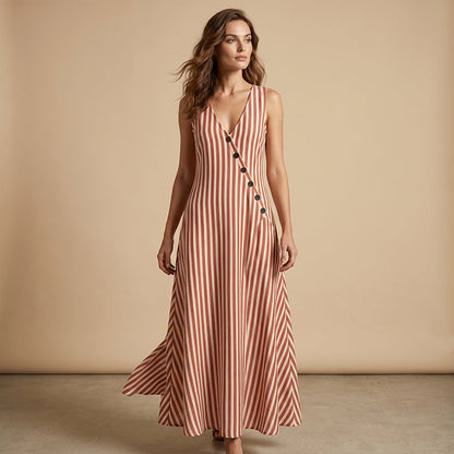 👗 PROMO 55% DE RÉDUCTION LIMITÉE ! ✨ Robe longue sans manches à rayures : col V, coupe trapèze et poches latérales 🌊