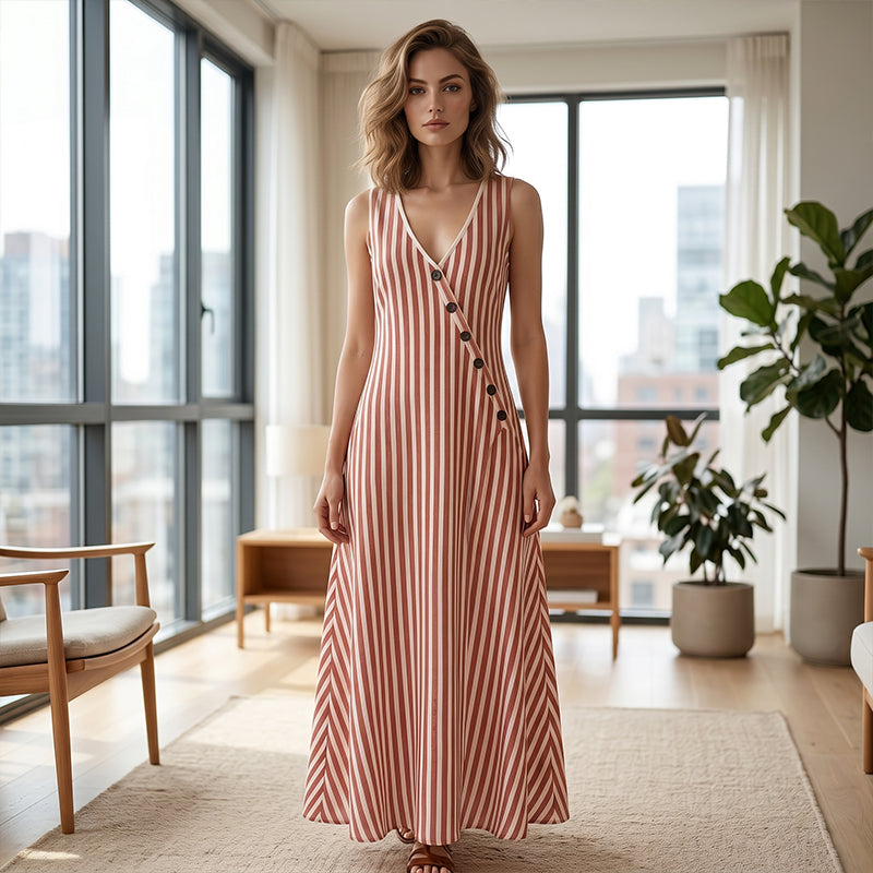 👗 PROMO 55% DE RÉDUCTION LIMITÉE ! ✨ Robe longue sans manches à rayures : col V, coupe trapèze et poches latérales 🌊