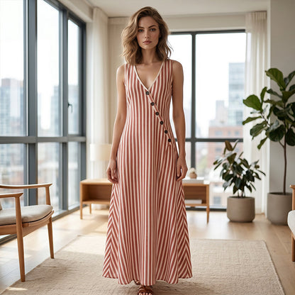 👗 PROMO 55% DE RÉDUCTION LIMITÉE ! ✨ Robe longue sans manches à rayures : col V, coupe trapèze et poches latérales 🌊