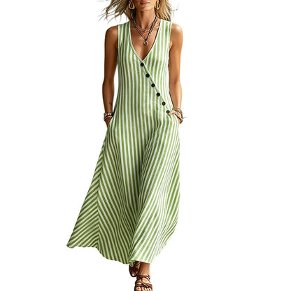 👗 PROMO 55% DE RÉDUCTION LIMITÉE ! ✨ Robe longue sans manches à rayures : col V, coupe trapèze et poches latérales 🌊