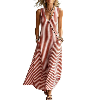 👗 PROMO 55% DE RÉDUCTION LIMITÉE ! ✨ Robe longue sans manches à rayures : col V, coupe trapèze et poches latérales 🌊