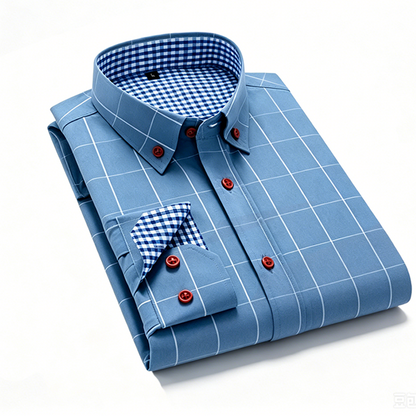 👔 PROMO LIMITÉE 50% DE RÉDUCTION ! 💥 Chemise Homme Coupe Moderne à Carreaux – Boutons Rouges, Col Boutonnière, Tissu Premium ✨