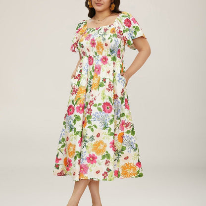 ⏰Soldes d'été : 70 % de réduction💃Robe midi à fleurs, col carré et smocks, avec poches