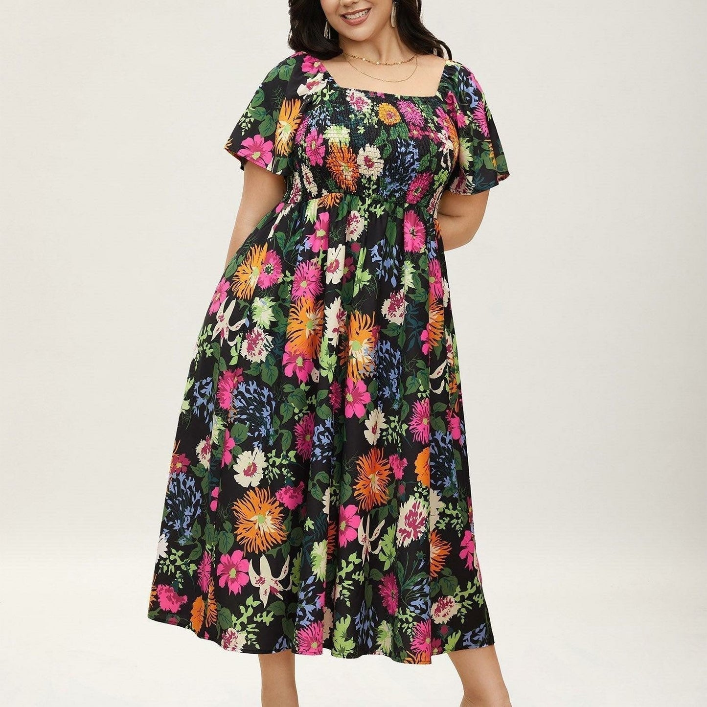 ⏰Soldes d'été : 70 % de réduction💃Robe midi à fleurs, col carré et smocks, avec poches