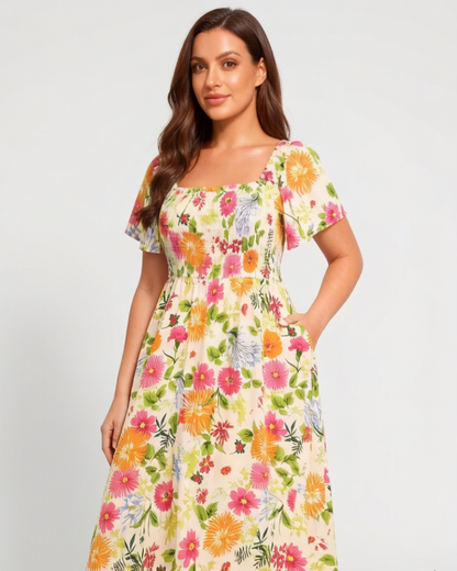 ⏰Soldes d'été : 70 % de réduction💃Robe midi à fleurs, col carré et smocks, avec poches