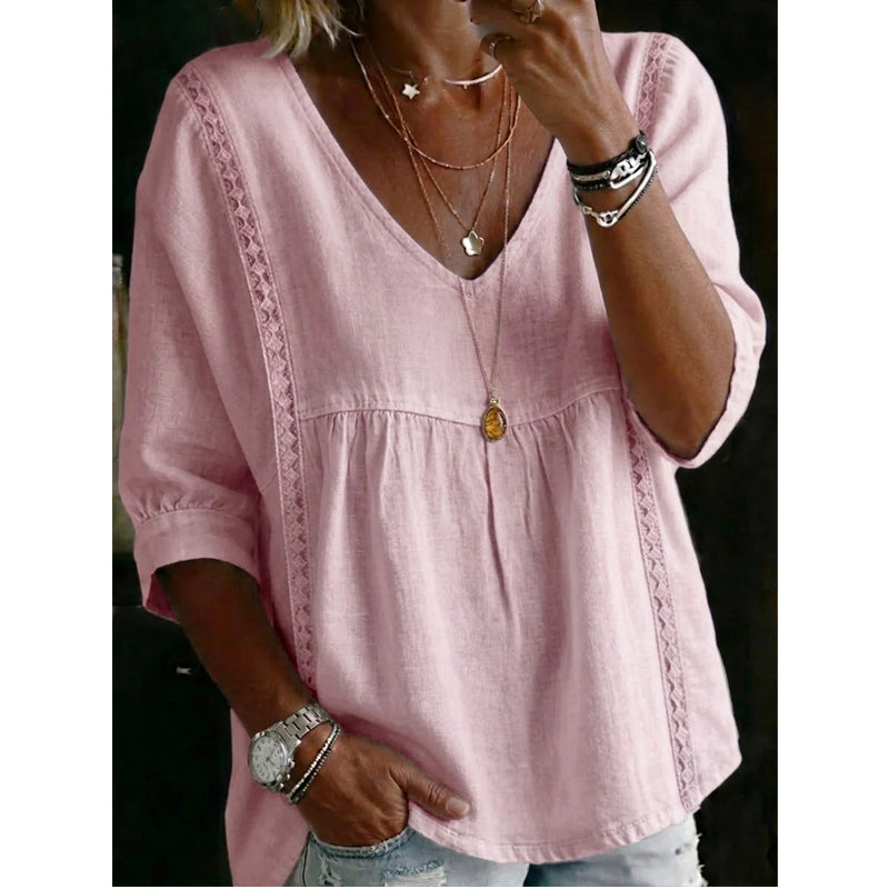👚 -50% MAINTENANT ! 🕊️ Haut décontracté femme à encolure en V et dentelle – Taille empire, léger & manches 3/4 – Tombant fluide, respirant & romantique ✨