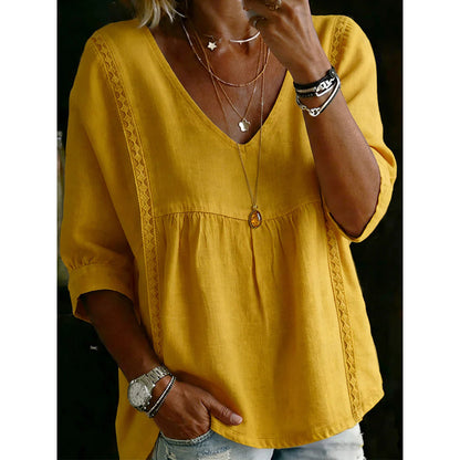 👚 -50% MAINTENANT ! 🕊️ Haut décontracté femme à encolure en V et dentelle – Taille empire, léger & manches 3/4 – Tombant fluide, respirant & romantique ✨