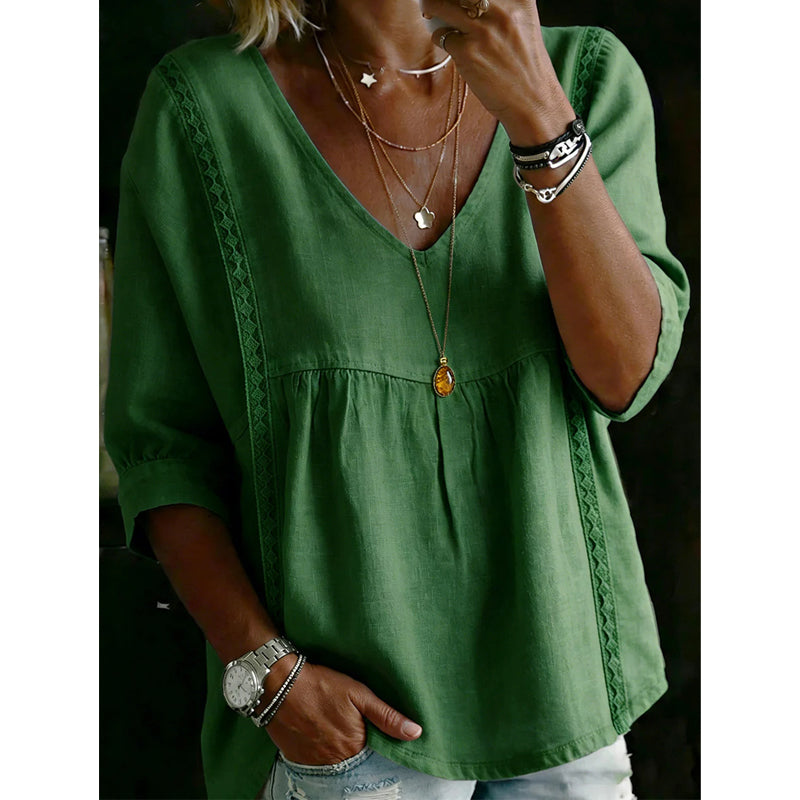 👚 -50% MAINTENANT ! 🕊️ Haut décontracté femme à encolure en V et dentelle – Taille empire, léger & manches 3/4 – Tombant fluide, respirant & romantique ✨