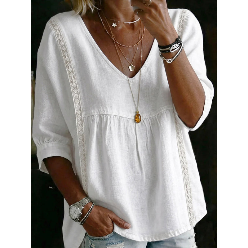 👚 -50% MAINTENANT ! 🕊️ Haut décontracté femme à encolure en V et dentelle – Taille empire, léger & manches 3/4 – Tombant fluide, respirant & romantique ✨