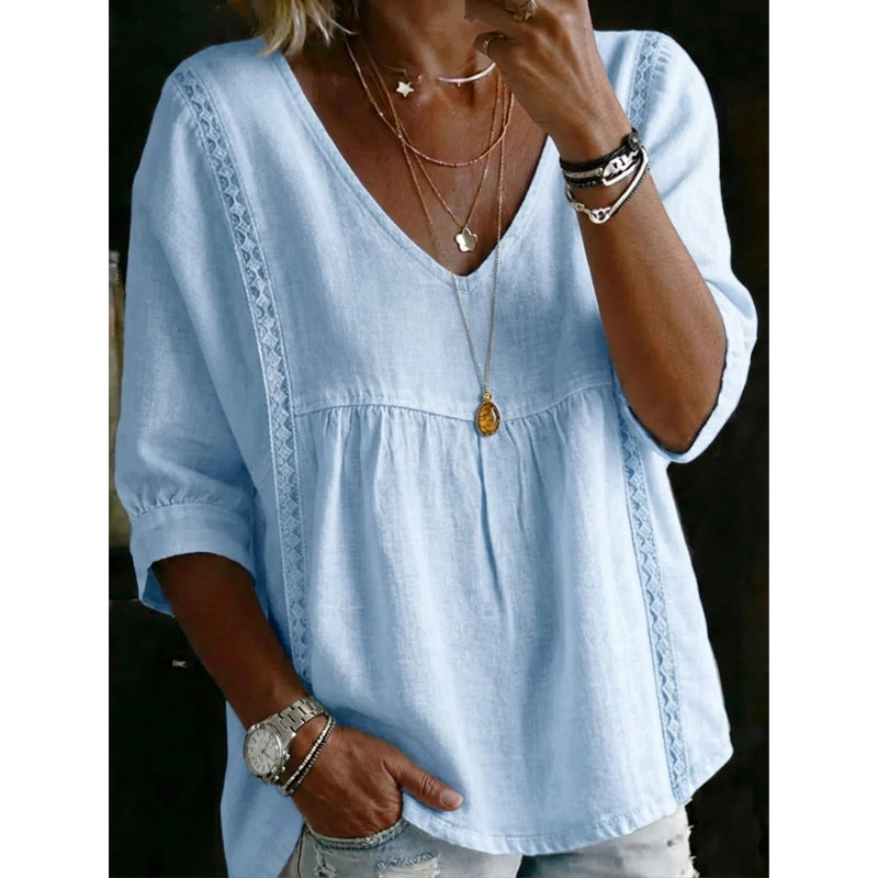 👚 -50% MAINTENANT ! 🕊️ Haut décontracté femme à encolure en V et dentelle – Taille empire, léger & manches 3/4 – Tombant fluide, respirant & romantique ✨