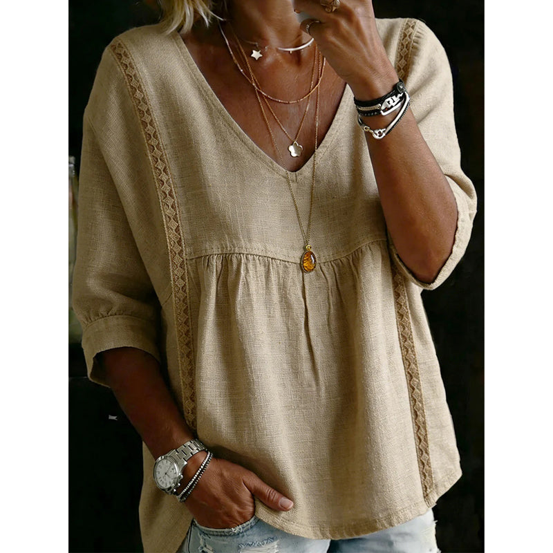 👚 -50% MAINTENANT ! 🕊️ Haut décontracté femme à encolure en V et dentelle – Taille empire, léger & manches 3/4 – Tombant fluide, respirant & romantique ✨